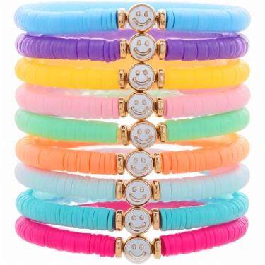 Imagem de Amoina Pulseiras da Amizade para Mulheres, Heishi Surfista Colorido Sorriso Olho Mau Argila Miçangas Elásticas Empilháveis Conjunto de Joias Boho, Medium, Ouro amarelo, Sem Pedra Preciosa
