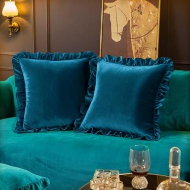 Imagem de Cobedzy Conjunto de 2 capas de almofada de veludo, capas de almofada decorativas macias para sofá, quarto, 45 x 45 cm, azul-petróleo