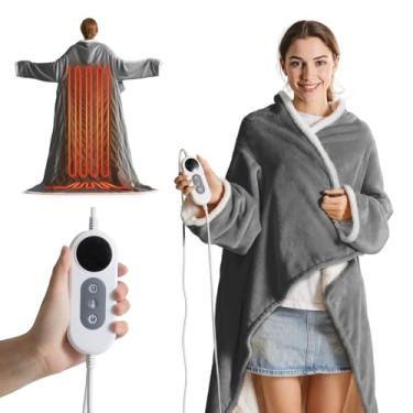 Imagem de HEAHOLD Cobertor de roupão elétrico aquecido com 10 configurações de calor e temporizador de 12 horas, cobertor de sherpa vestível com bolso para os pés e mangas, 127 x 177 cm + capa de pé de 45 cm