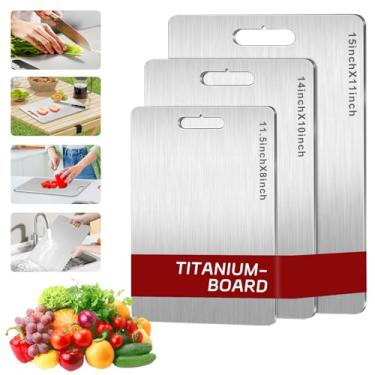 Imagem de Conjunto de 3 tábuas de corte de titânio, 3 peças de tábuas de corte de titânio puro para cozinha, tábuas de corte antiaderentes de grau alimentício dupla face para cortar carnes, frutas e legumes (P