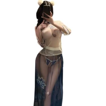 Imagem de SENJIY Vestido sexy cheongsam para mulheres, lingerie floral, Hanfu, chinês, qipao, cosplay, fantasia, menina, anime, baby-doll, saia longa, conjunto de tanga branca e azul