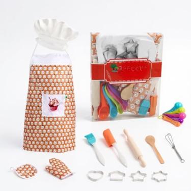 Imagem de Kit Infantil de Cozinha com Avental Utensílios Coloridos Forminhas Metálicas Chef Iniciante Conjunto Completo Infantil com Acessórios