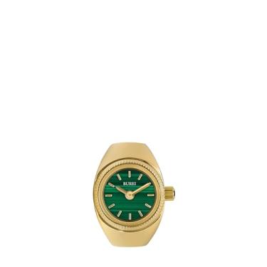 Imagem de BUREI Relógio feminino de quartzo de aço inoxidável, anel de duas mãos, relógio de dedo masculino e feminino com pulseira elástica, verde dourado