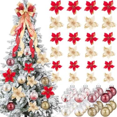 Imagem de Canlierr Conjunto de 49 peças de decoração de árvore de Natal dourado e vermelho, 24 peças de flores artificiais de poinsétia com glitter de Natal e enfeites de bola de Natal de 5 cm para decoração de
