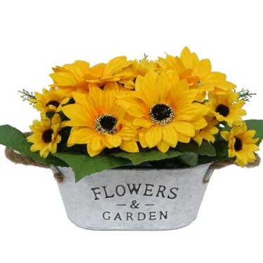 Imagem de Girassóis em vaso com flores artificiais, flores de seda sintética, decoração de mesa floral falsa, vegetação rústica em vaso para decoração de casa de fazenda