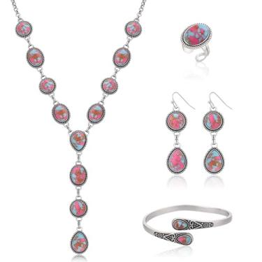Imagem de JMScape 4 peças de joias turquesa ocidental para mulheres boho vintage navajo colar de pérolas brinco pulseira conjunto de anéis Country Cowgirl acessórios para presente, Large, Metal, Turquesa
