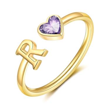 Imagem de Anel de pedra do mês de nascimento com inicial banhado a ouro 14 quilates com letras ajustáveis, anel empilhável de zircônia cúbica delicada para mães, filhas, presentes de dama de honra, joias para