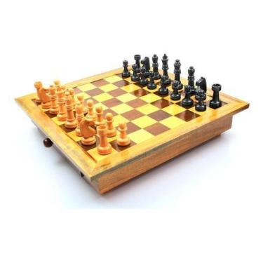 Imagem de Jogo Xadrez Tabuleiro 50x50cm com Gaveta Madeira Com Peças - Tacolândi