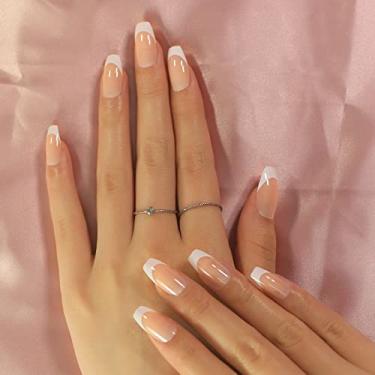 Imagem de Nude White French Press on Nails - Caixão médio quadrado natural unhas postiças brilhantes pontas de unhas postiças para mulheres salão decoração 24 peças/kit