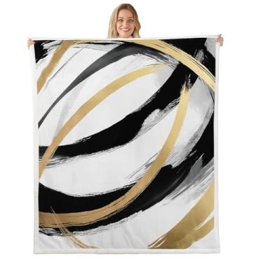 Imagem de jejeloiu Cobertor de lã de ouro branco preto solteiro 152 x 203 cm linha infantil abstrato sherpa felpudo para cama, sofá, cadeira de estar, sala de estar, decoração moderna geométrica de quarto,