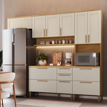 Imagem de Armário de Cozinha Americana Modulada com Balcão e Tampo 11 Portas 2 Gavetas Texas 100% Mdf Amêndoa/Off White - Pnr Móveis