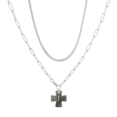 Imagem de MANZHEN Colar de cruz grossa para mulheres, pingente de cruz com inicial em camadas, vintage, clipe de papel, espinha de peixe, gargantilha de cobra, joia de fantasia, 18 Inches, Metal, Sem Pedra
