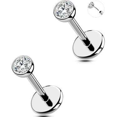 Imagem de MS CUTE 2 peças 20G/18G/16G Brincos de nariz sem rosca com costas planas aço cirúrgico 316L CZ Daity Nose Helix Cartilage Tragus Conch Labret Medusa Monroe piercing joias para mulheres e homens, 20g