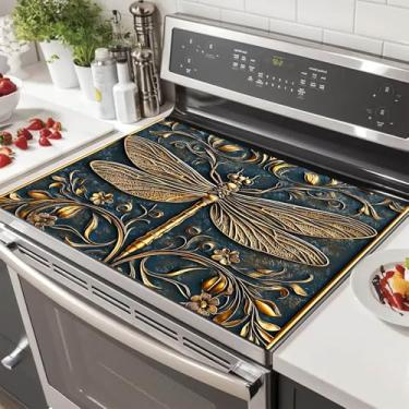 Imagem de HOMETITUTE Golden Dragonfly Stove Top Cover 71 x 50 cm Diatomita em relevo para decoração de cozinha protetor de fogão de vidro resistente ao calor tapete de bancada capa de fogão almofada elegante