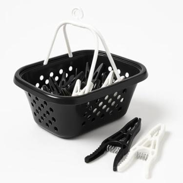 Imagem de Kit Cesto com Prendedores de Roupa 24 Unidades - Prendedor Resistente Preto e Branco com Molas Reforçadas + Cesto Preto com Alça e Gancho para Varal com Design Compacto