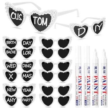Imagem de Flutesan 12 peças de óculos de sol personalizados em forma de coração a granel com 4 canetas de tinta para lembrancinhas de festa de casamento DIY (pérola, branco)