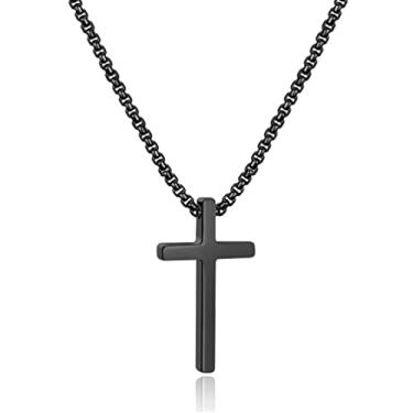 Imagem de Hobucuard Colar com cruz para homens, prata, preto, ouro, aço inoxidável, simples, corrente de caixa de 61 cm, joias delicadas de fé cristã, presentes religiosos para homens, Universal, Metal, Sem
