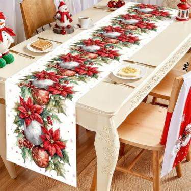 Imagem de Caminho de mesa de Natal com ramos de pinheiro, bagas de azevinho e pinhas, decoração de mesa retangular para inverno, Natal, reunião de família interna