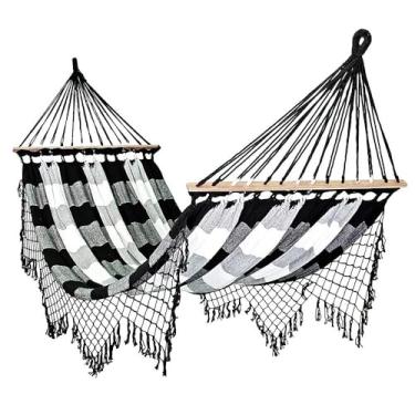 Imagem de Rede Grande de Dormir Americana com Madeira (Preto com Branco Xadrez)