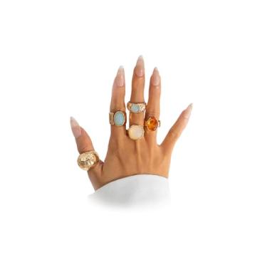 Imagem de YNZGYBY Conjunto de 5 anéis abertos irregulares de ouro acrílico para mulheres, vintage, grande, resina, cúpula, grande, conjunto de anéis de articulação, moda, geométricos, acessórios de joias, Zinco