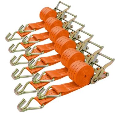 Imagem de Bolvixor Pacote com 6 correias de catraca resistentes de 5 cm x 38 cm - Resistência à ruptura de 2.041 kg - Tiras de amarração com ganchos em J para caminhões, reboques, motocicletas e carga (laranja)