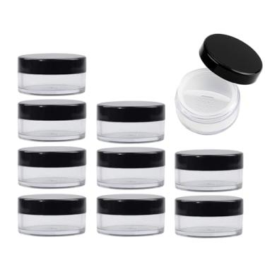 Imagem de 10 pacotes de 10 g recipiente vazio de pó solto com peneira, frasco de plástico transparente com tampa preta, estojo de maquiagem recarregável para viagem para maquiagem em pó solto