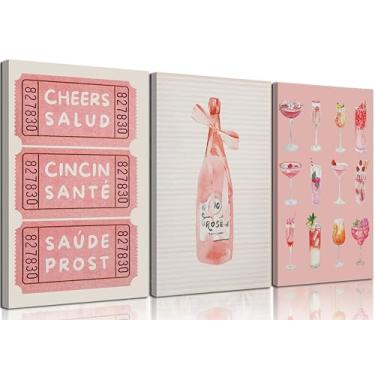 Imagem de 3 peças vintage rosa aquarela coquetel champanhe tela arte de parede coquete bebida alcoólica imagem decoração de parede bar carrinho impressão arte para quarto, sala de estar, bar, decoração de casa