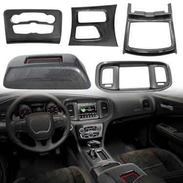 Imagem de ZNZMAIO Kit de capa de acabamento interior para Dodge Charger 2015-2023, 5 peças, fibra de carbono preta, painel de controle A/C, tela de navegação, câmbio de marcha, apoio de braço