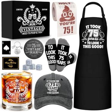 Imagem de Presente de aniversário de 75 anos para homens, conjunto de copos de uísque, suprimentos de festa de 75 anos, com porta-copos de vidro de uísque de 325 ml, boné de beisebol de pedra, avental de meia