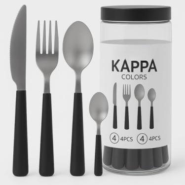 Imagem de Conjunto de Talheres 16 Peças, Aço Inox com Cabo Plástico Preto, Faca 20cm, Garfo 18,5cm, Colher Mesa 18cm, Colher Sobremesa 15cm, com Embalagem Cilíndrica