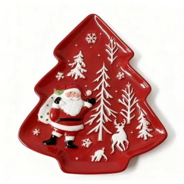 Imagem de Loticy Conjunto de pratos de árvore de Natal de 26 cm, prato de lanche de cerâmica vermelha de Natal, aperitivo de porcelana de alto relevo para papai noel, sobremesa, frutas, salada, pires, tigelas