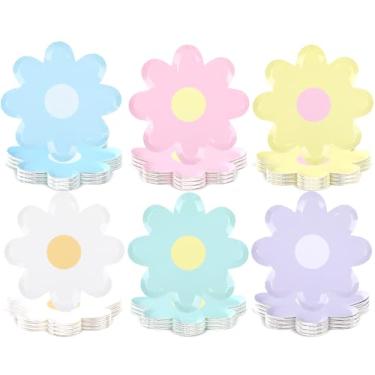 Imagem de 60 peças de pratos de papel floral margarida para decoração de festa de aniversário boho pastel margarida em forma de flor descartáveis sobremesa jantar pratos de bolo para chá de bebê, festa de