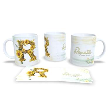 Imagem de Caneca Personalizada com Design Floral, Cerâmica Branca, Decoração em Amarelo e Verde, Estilo Elegante com Texto 'Alice beleza que floresce' (r)