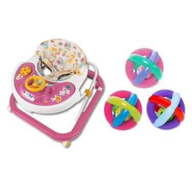 Imagem de Kit Andador Antiqueda Bebê Infantil Rosa + Bola Maluquinha Chocalho Mo