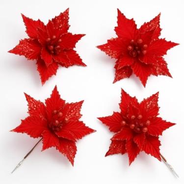 Imagem de Kit com 4 Flores de Natal Vermelha com Glitter – Decoração Natalina para Árvore, Guirlanda e Arranjos – Enfeites Temáticos Festivos