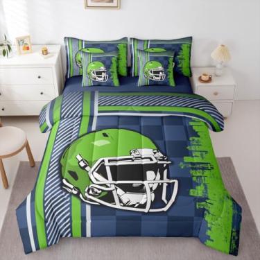Imagem de Jogo de cama solteiro com estampa de futebol americano, cidade de futebol americano, 7 peças, capacete de rúgbi, jogos competitivos, esporte europeu, azul, verde (Seattle)