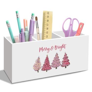 Imagem de nvucamd Porta-canetas de árvore de Natal rosa para mesa, acessórios de mesa de pinheiro rosa para escritório, Coquette para meninas, dormitório, sala de aula, banheiro