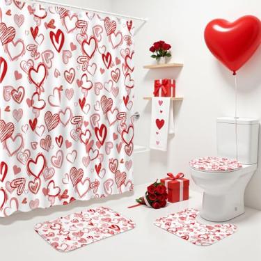 Imagem de Mocsicka Conjunto de cortina de chuveiro para dia dos namorados, conjunto de cortina de chuveiro vermelho com tapetes de banho laváveis antiderrapantes, capa de tampa de vaso sanitário, coração