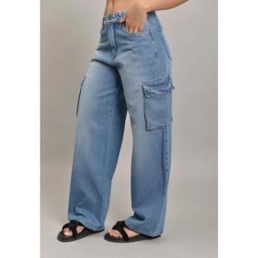 Imagem de Calça Jeans Feminina Wide Leg Cargo Cintura Alta Com Recorte-Feminino