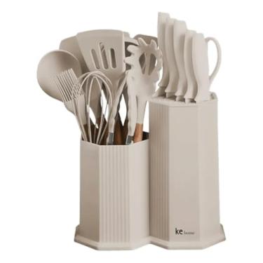 Imagem de Ke Home Kit Utensilios de Cozinha Maldivas, 18 Peças em Silicone, Cor Creme, Design Moderno e Resistente, com Suporte Organizador