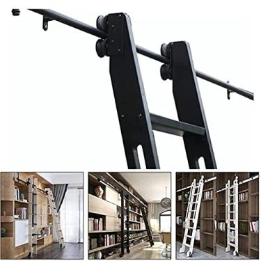 Imagem de ASXCAQ Kit de biblioteca deslizante telescópica (sem escada), tubo redondo preto rústico deslizante ferragem de biblioteca de escada de celeiro com rolos de piso (tamanho: kit de trilhos de 100 cm)