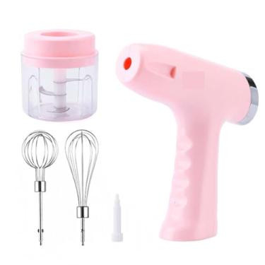 Imagem de Mini Batedeira Elétrica Portátil, Rosa, 2 em 1, USB Recarregável, 30W, 5 Velocidades, com Copo 250ml, Batedores em Aço Inox, Mixer para Bolos e Cremes