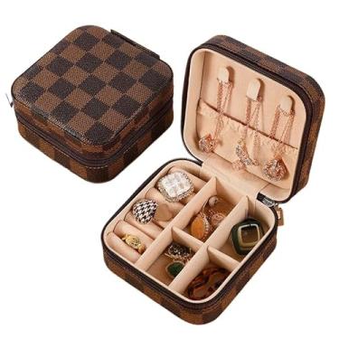 Imagem de Presente Feminino, Porta Joia Caixinha Joias para Viagem Portátil Armazenamento Anel Brinco Colar P, 10x10x5cm(MARROM,2 PEÇAS)