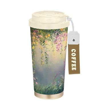 Imagem de SEHANY Caneca de viagem vintage com flores de jardim de 482 ml, copos de café reutilizáveis revestidos de cerâmica com tampa à prova de vazamento, parede dupla, isolamento a vácuo, copo de café de aço
