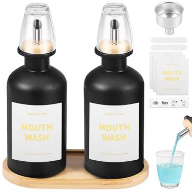 Imagem de Dispensador de enxaguante bucal de vidro de 350 ml para banheiro, garrafa decantadora de enxaguante bucal antiderrapante reutilizável com bicos de aço Stianless, bandeja de bambu, funil e adesivo
