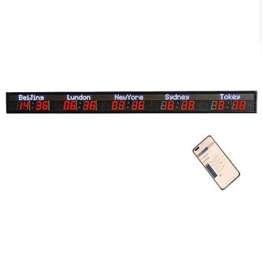 Imagem de Relógio mundial de LED digital - 5 fusos horários, relógio de parede ajustável, fusos horários da cidade, ajuste de brilho de 5 níveis para empresas multinacionais em hotéis