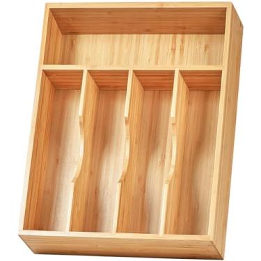 Imagem de Umilife Organizador de gaveta de cozinha, suporte de bandeja de utensílios de 25 cm, extra profundo, com pés antiderrapantes e divisória de gaveta ranhurada, suporte total de madeira de bambu com 5 compartimentos para talheres, garfos, colheres