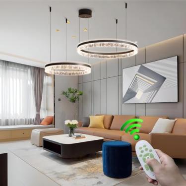 Imagem de Luminária pendente moderna de alumínio com LED dimerizável, ideal para mesa de jantar, 135W, com 3 anéis de iluminação e altura ajustável. Lustre marrom em acrílico com controle remoto para