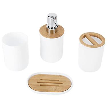 Imagem de YOUTHINK Conjunto de Banheiro de 4 Unidades, Material de Bambu, Suporte de Escova de Dentes Elegante, Saboneteira, Dispensador de Loção para Casa ou Hotel (Branco)