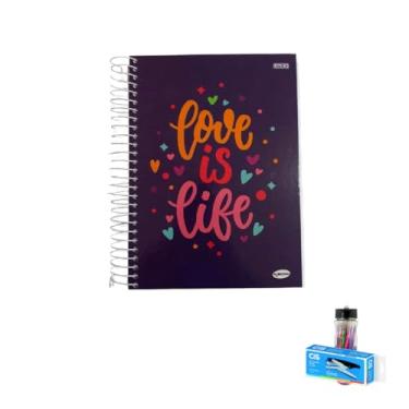 Imagem de Kit Caderno Feminino 20 Matérias Capa Dura 400 Folhas + Caneta Esferográfica Pote 24 Unidades + Grampeador Alicate S-150